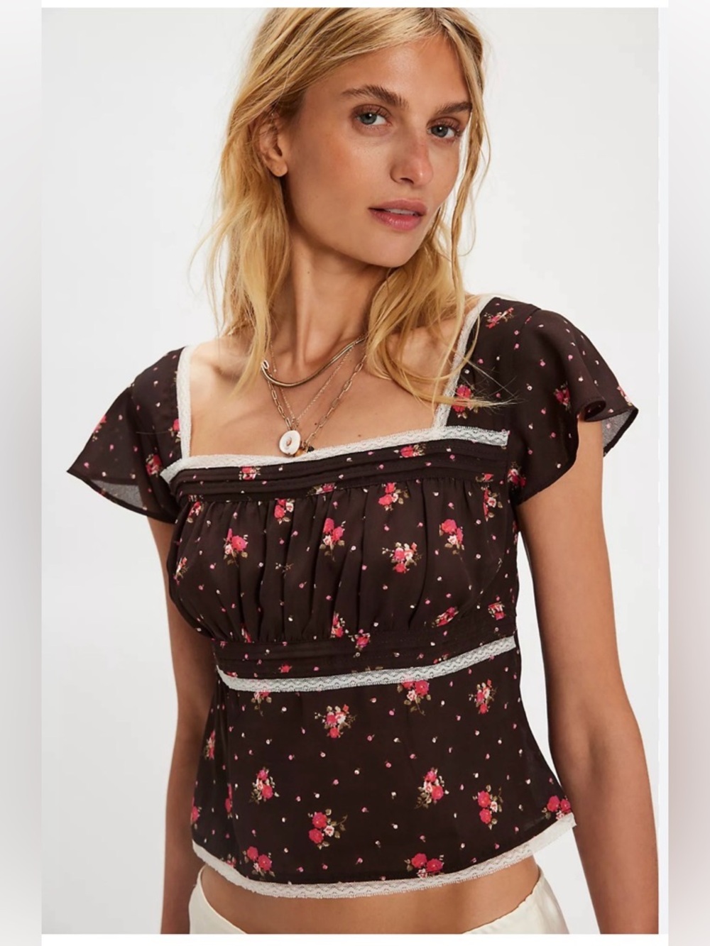 Free People Black Floral Square-Neck Lace-Trim Top